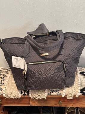 Adrienne Vittadini Grey Quilted Nylon Duffel Bag with Detachable Pouch